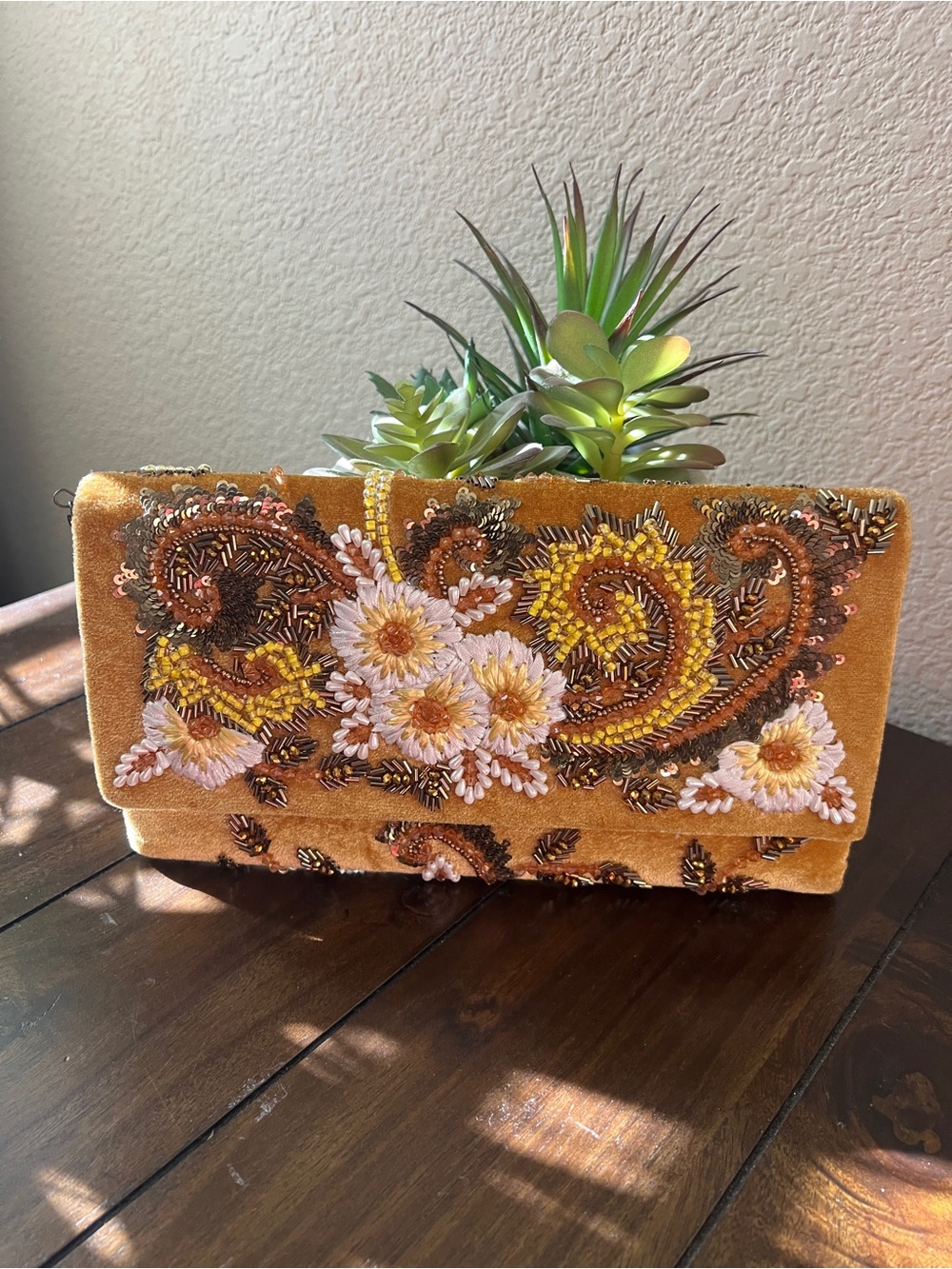 EUC Anthropologie Beaded Floral Velvet Clutch Handbag - Mustard Yellow